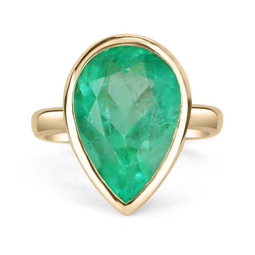 7.0ct 18K Colombian Emerald Pear Bezel Solitaire Ring