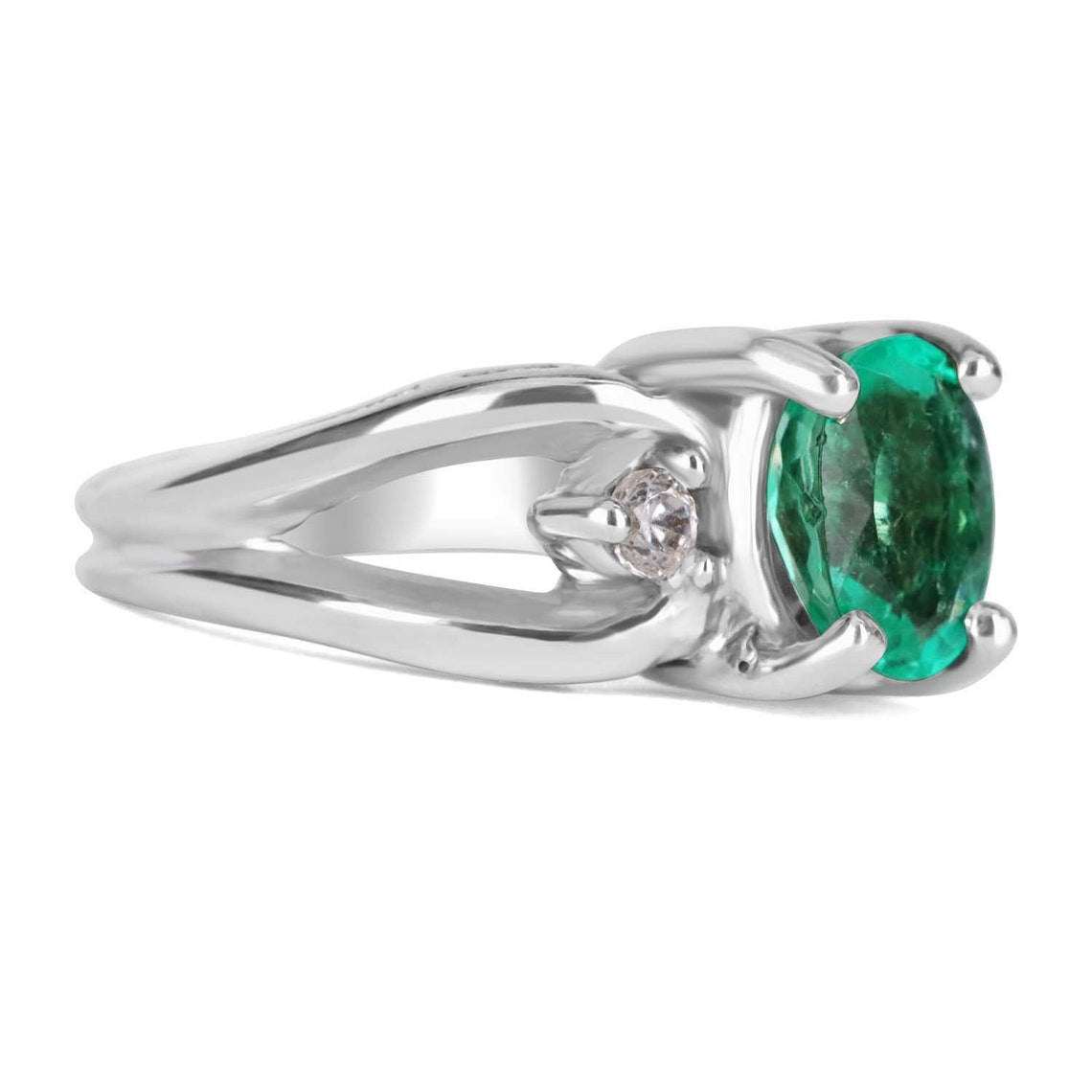 Oval Emerald & Diamond Three Stone Ring White Gold 14K