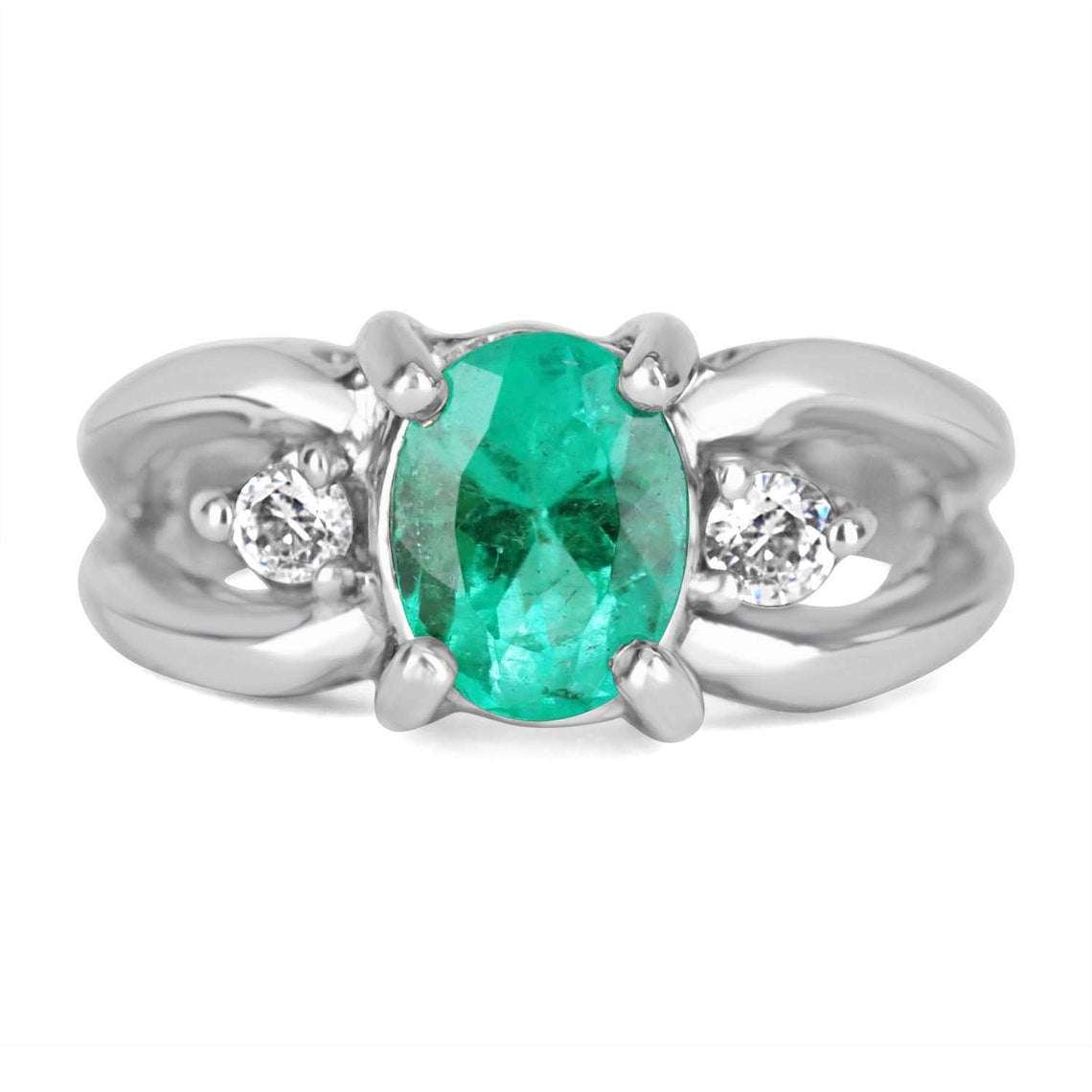 1.62tcw Oval Emerald & Diamond Three Stone Ring White Gold 14K