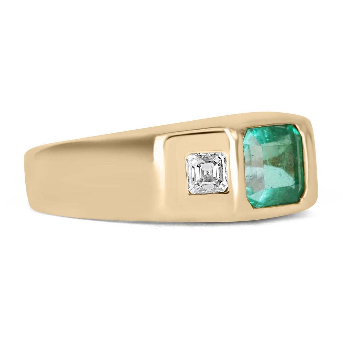 2.14tcw Three Stone Vivid Green Emerald & Asscher Diamond Signet Gypsy Ring