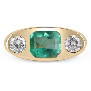Signet Colombian emerald and diamond three stone gypsy ring