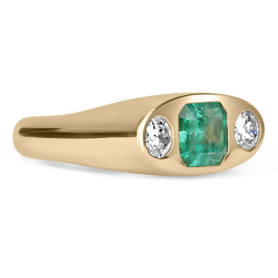 rich green 2.70 carat Colombian emerald and round diamond three stone gypsy signet ring