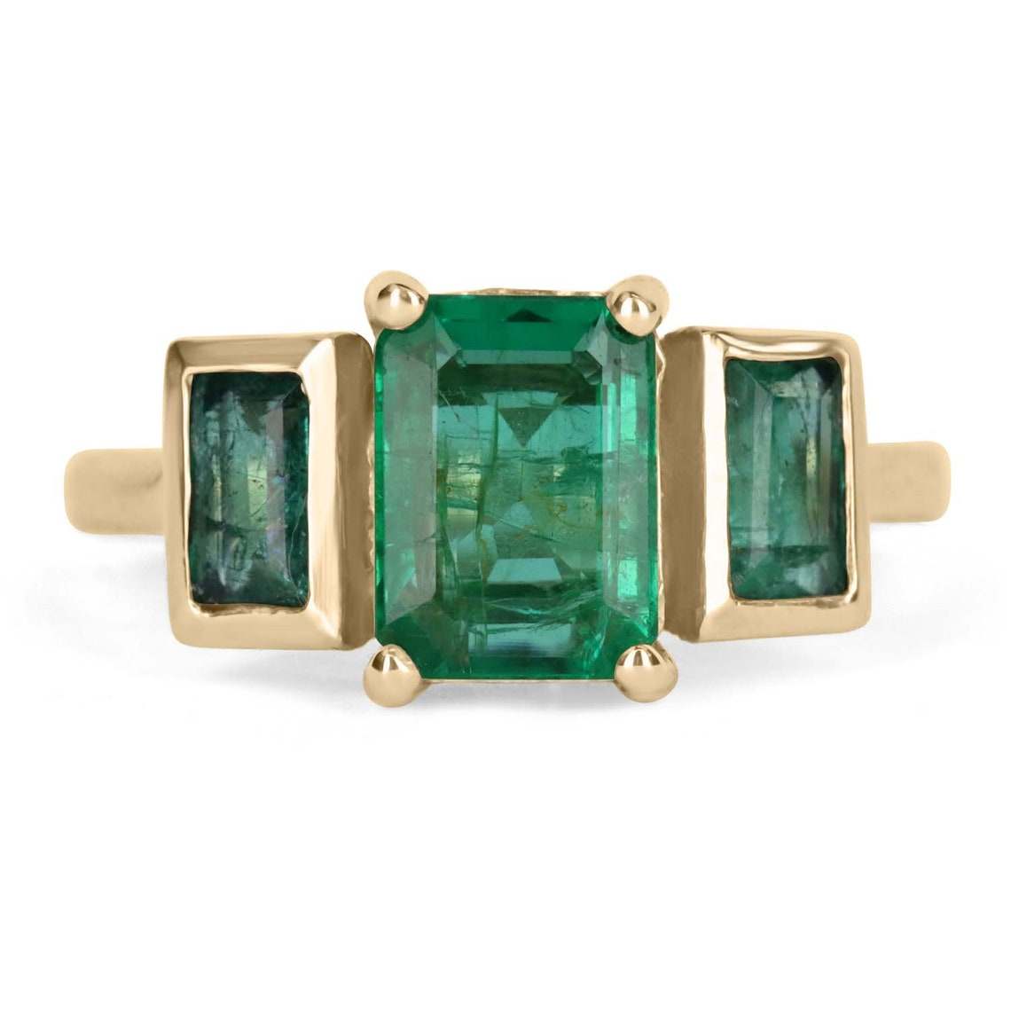 2.65tcw 14K Three Stone Dark Rich Green Emerald and Emerald Accent Gold Prong & Bezel Ring