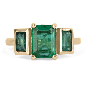 2.65tcw 14K Three Stone Dark Rich Green Emerald and Emerald Accent Gold Prong & Bezel Ring