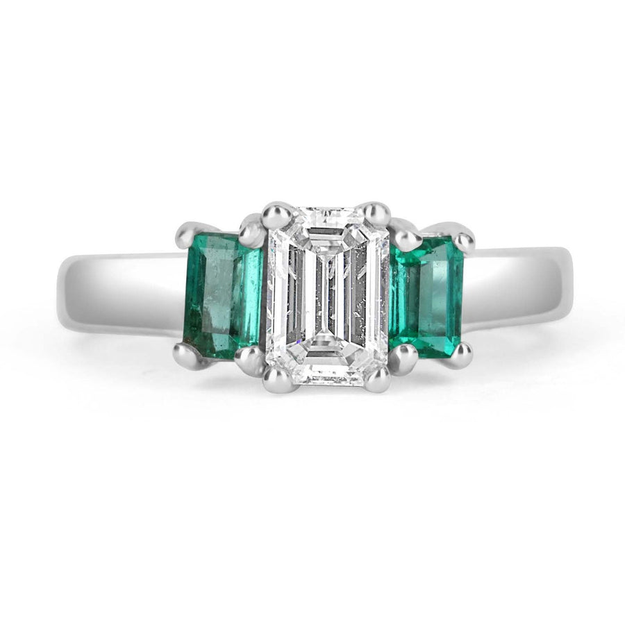 1.27tcw Classic Three Stone Diamond & Emerald Engagement Ring 14K