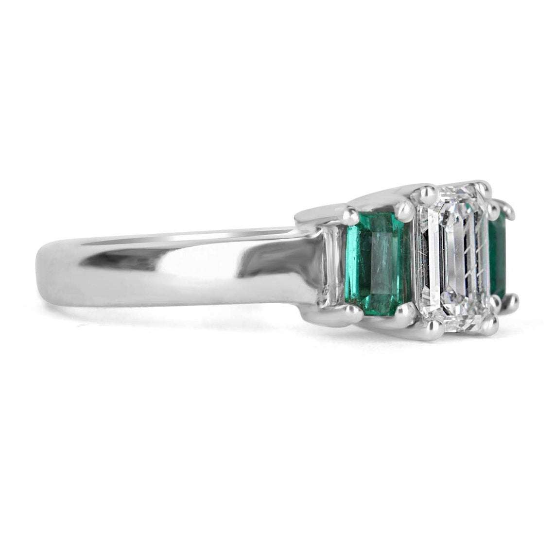 Classic Three Stone Diamond & Emerald Engagement Ring 14K