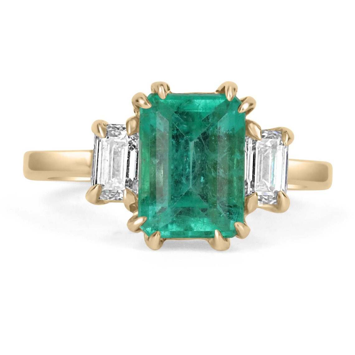 .98tcw Emerald Three Stone Cut Diamond Emerald Ring 14K