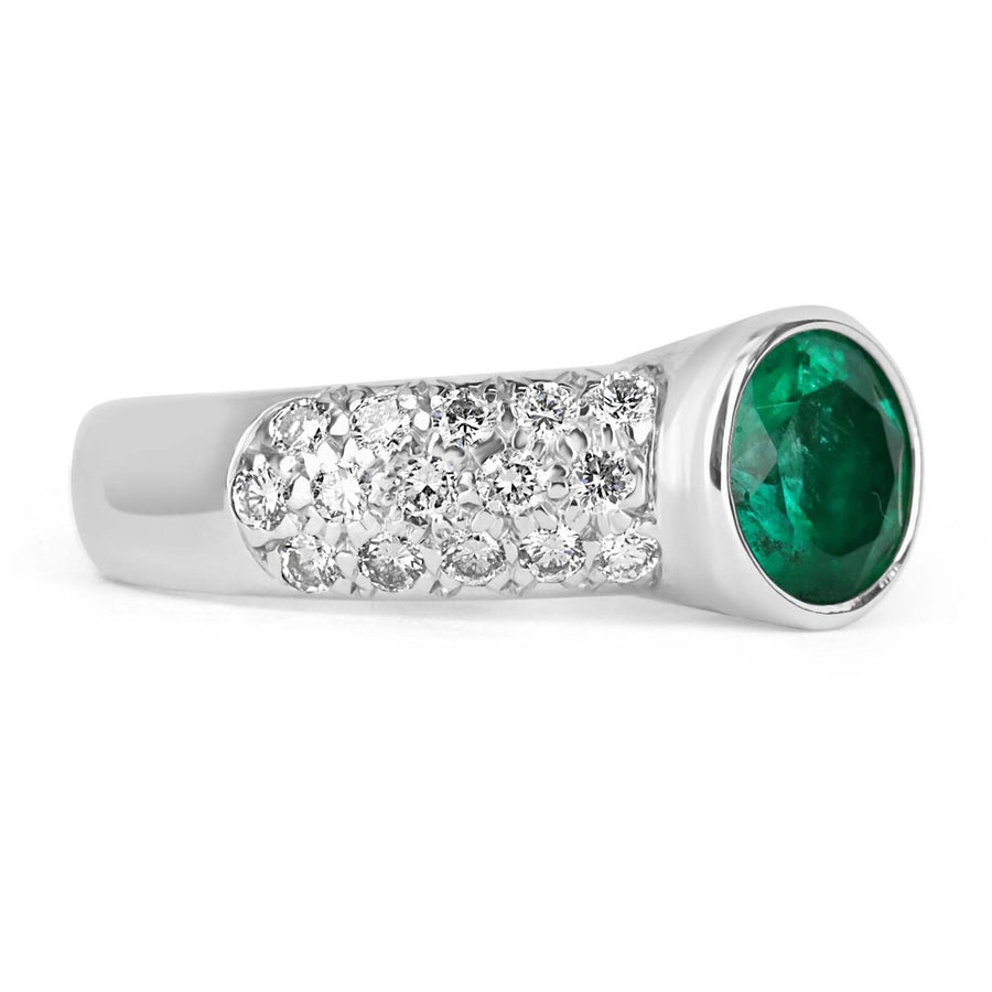 1.82tcw Round Bezel Set Emerald Brilliant Round Pave Set Shank 18K engagement ring