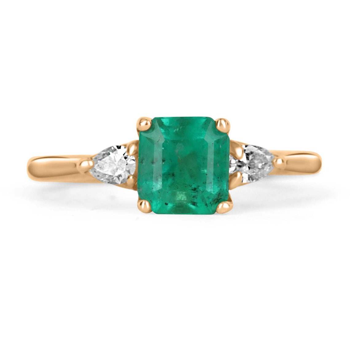 Asscher Elegance: 1.38tcw Three Stone Asscher Cut Colombian Emerald & Pear Diamond Ring in 14K Gold