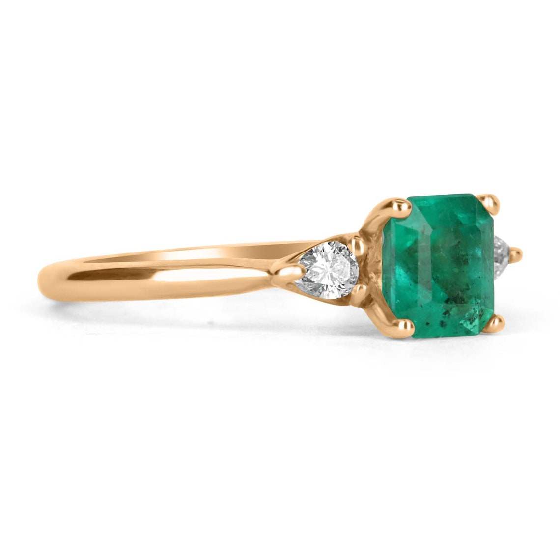 Dazzling Brilliance: 1.38tcw Three Stone Asscher Cut Colombian Emerald & Pear Diamond Ring - 14K Gold Beauty