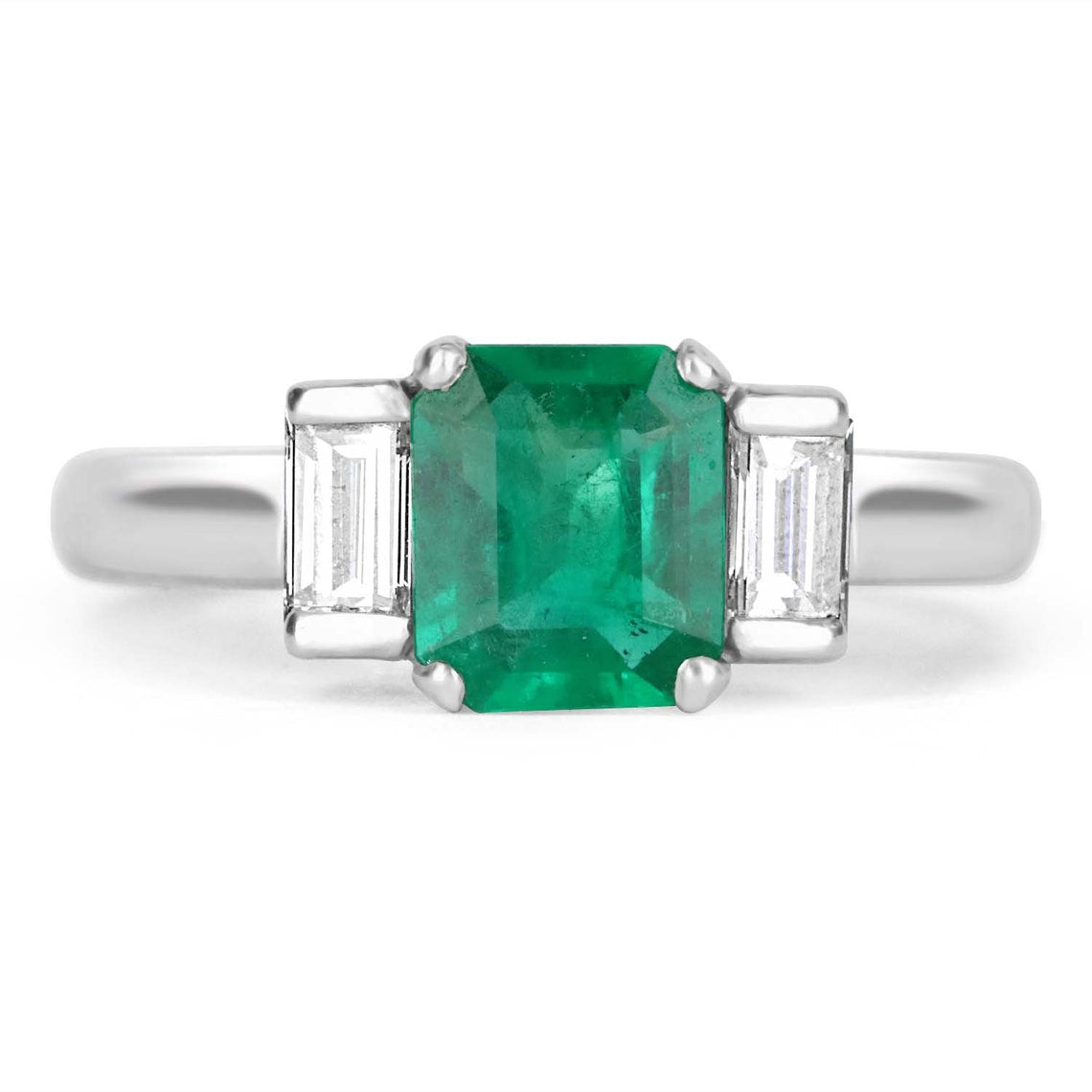 1.72tcw Elegant Three Stone Diamond & Emerald Ring Platinum