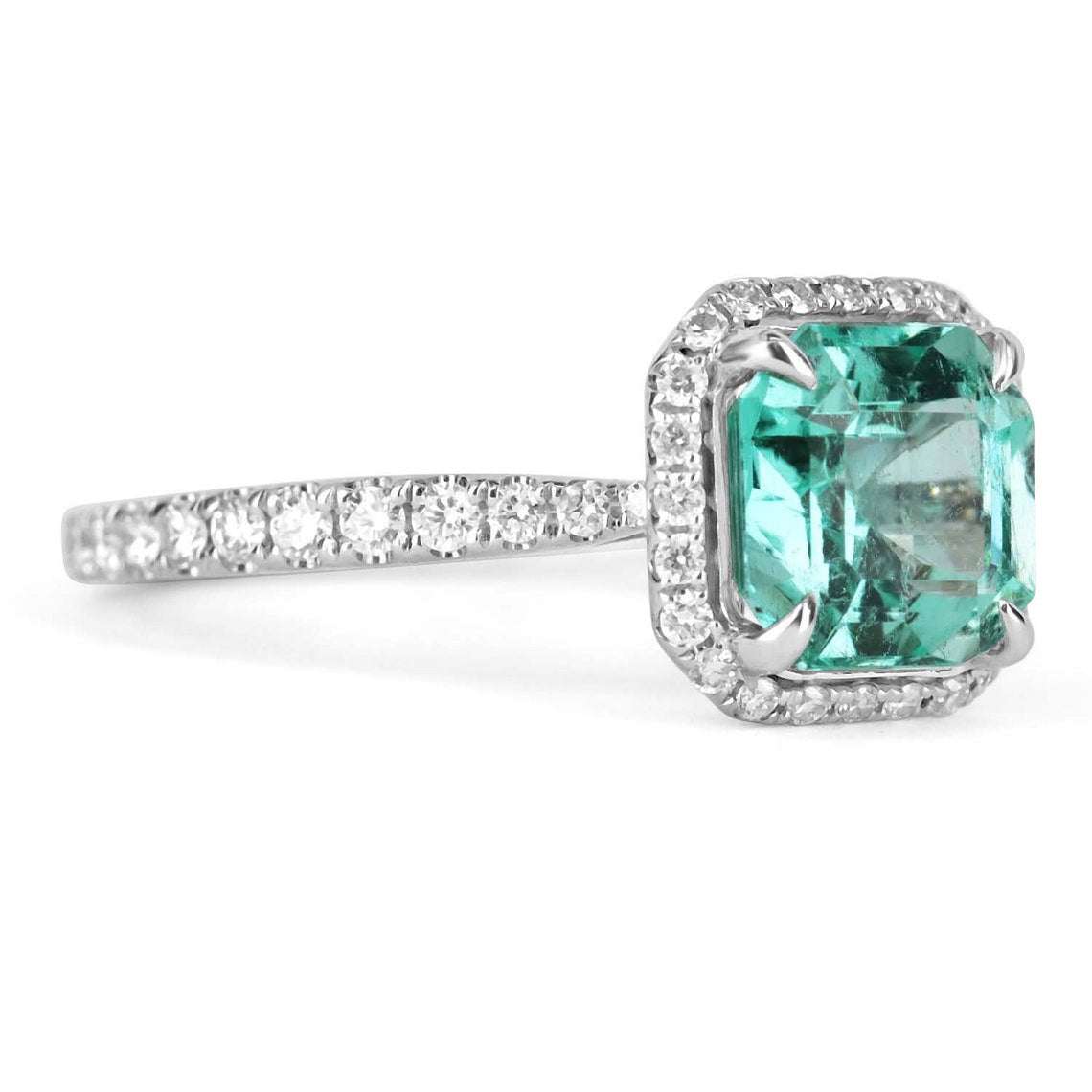 Stunning 18K White Gold Ring with Asscher Cut Colombian Vivid Emerald and Diamond Halo