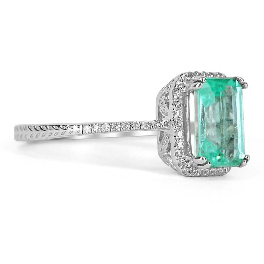 Dazzling Brilliance: 1.58tcw Bluish Green Emerald & Diamond Halo Pave Ring - 14K Gold Beauty