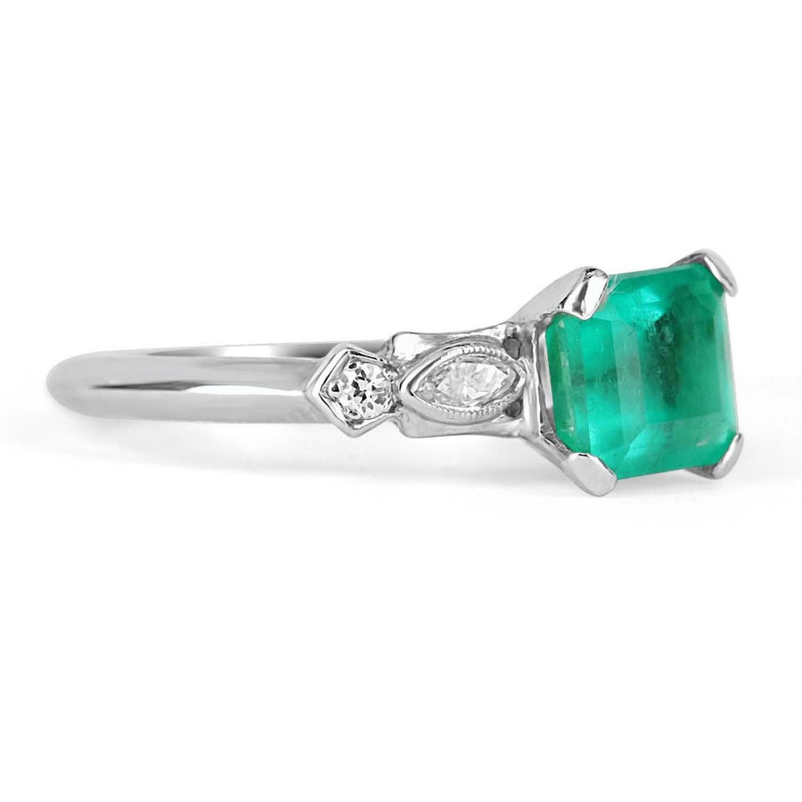 Asscher Rich Green 1.47tcw Emerald & Marquise Diamond Accent Ring Platinum and 18K