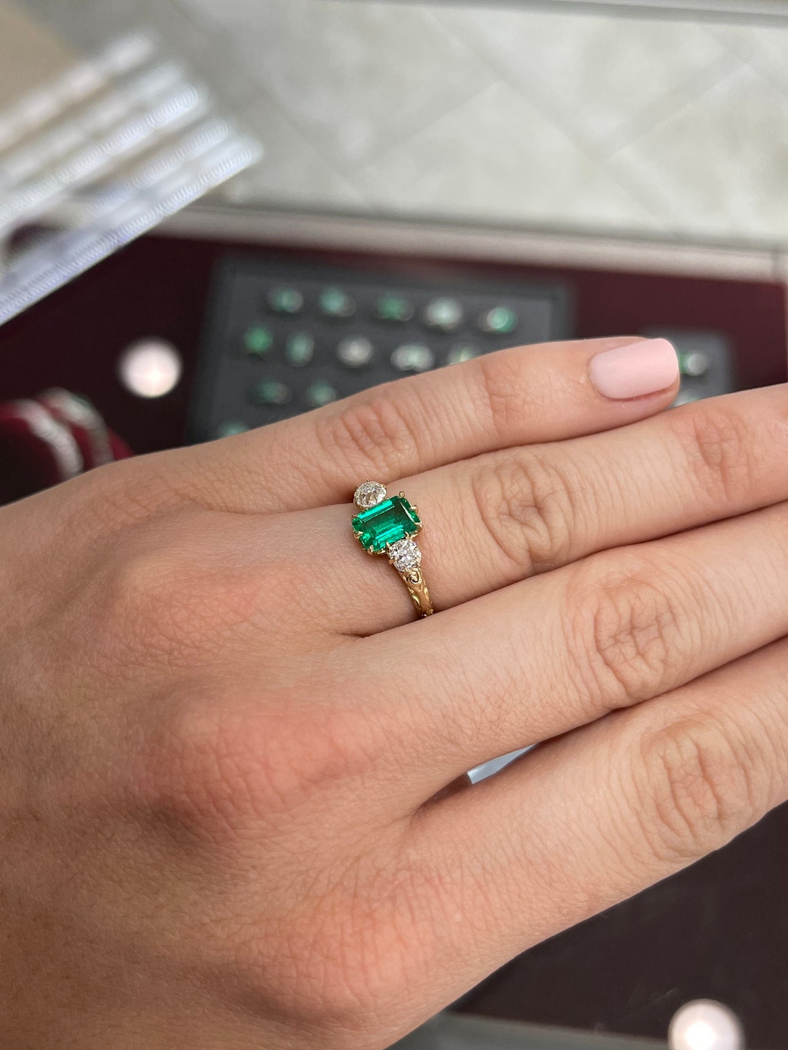 Victorian Three Stone Top Colombian Emerald & European Cut Diamond Hand Carved Ring