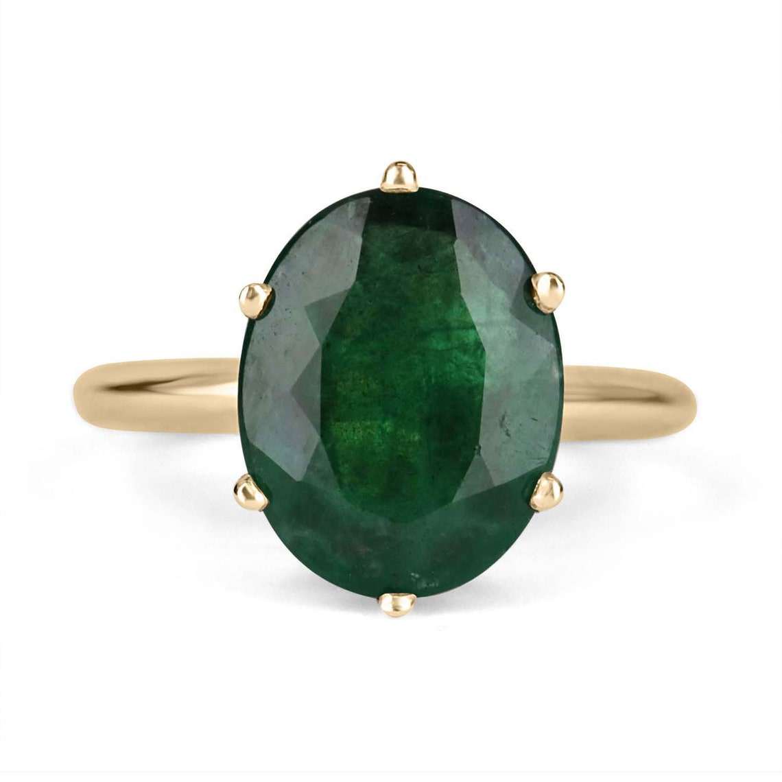 4.80 Carat Dark Green Natural Oval Cut Emerald Six Prong Ring 14K - JR Colombian Emeralds