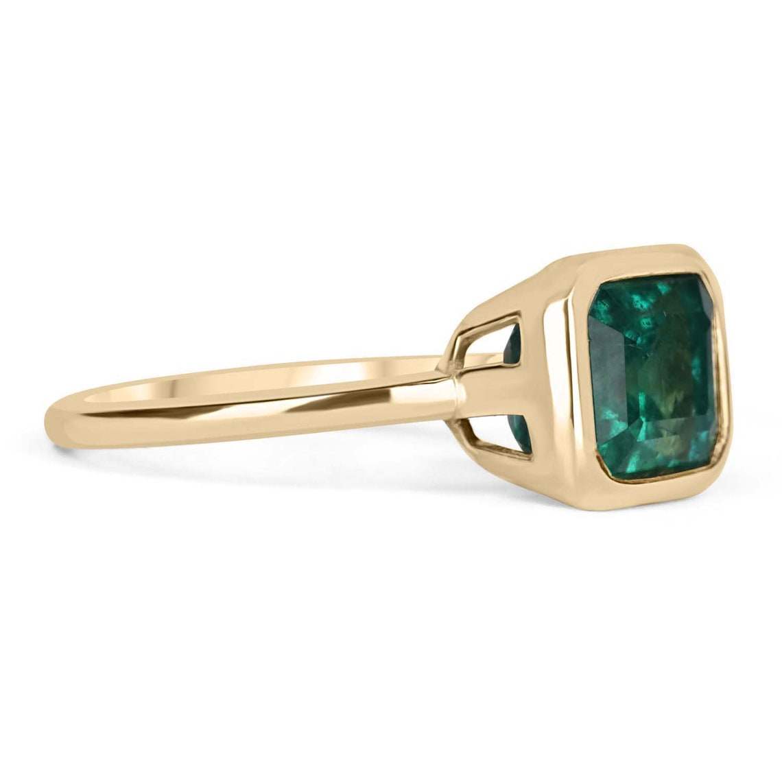 3.85 Carat East to West Bluish Green Emerald Bezel Set Solitaire Ring 14K - JR Colombian Emeralds