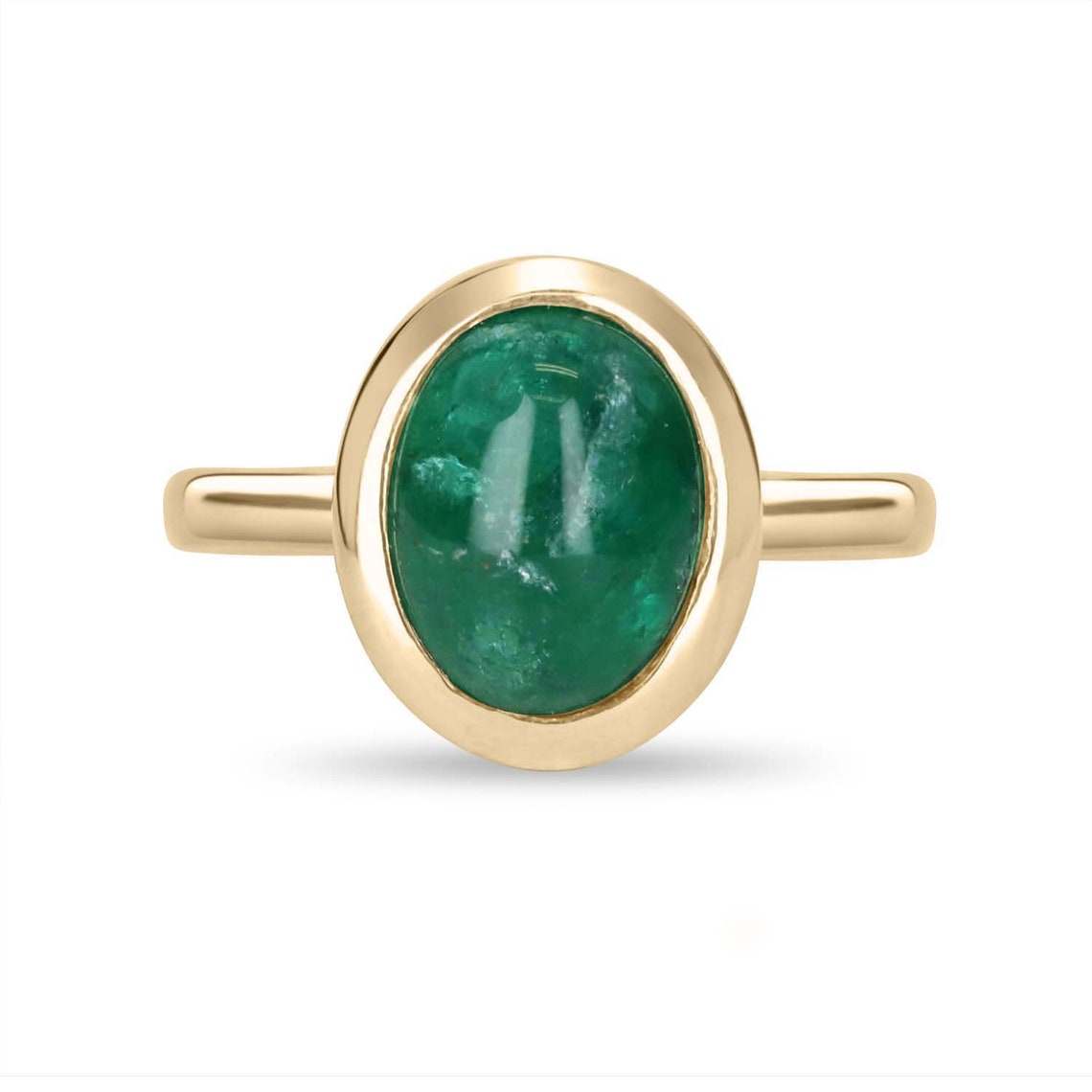 Boho 3.82cts Oval Bezel Set Emerald Cabochon Solitaire Ring 14K