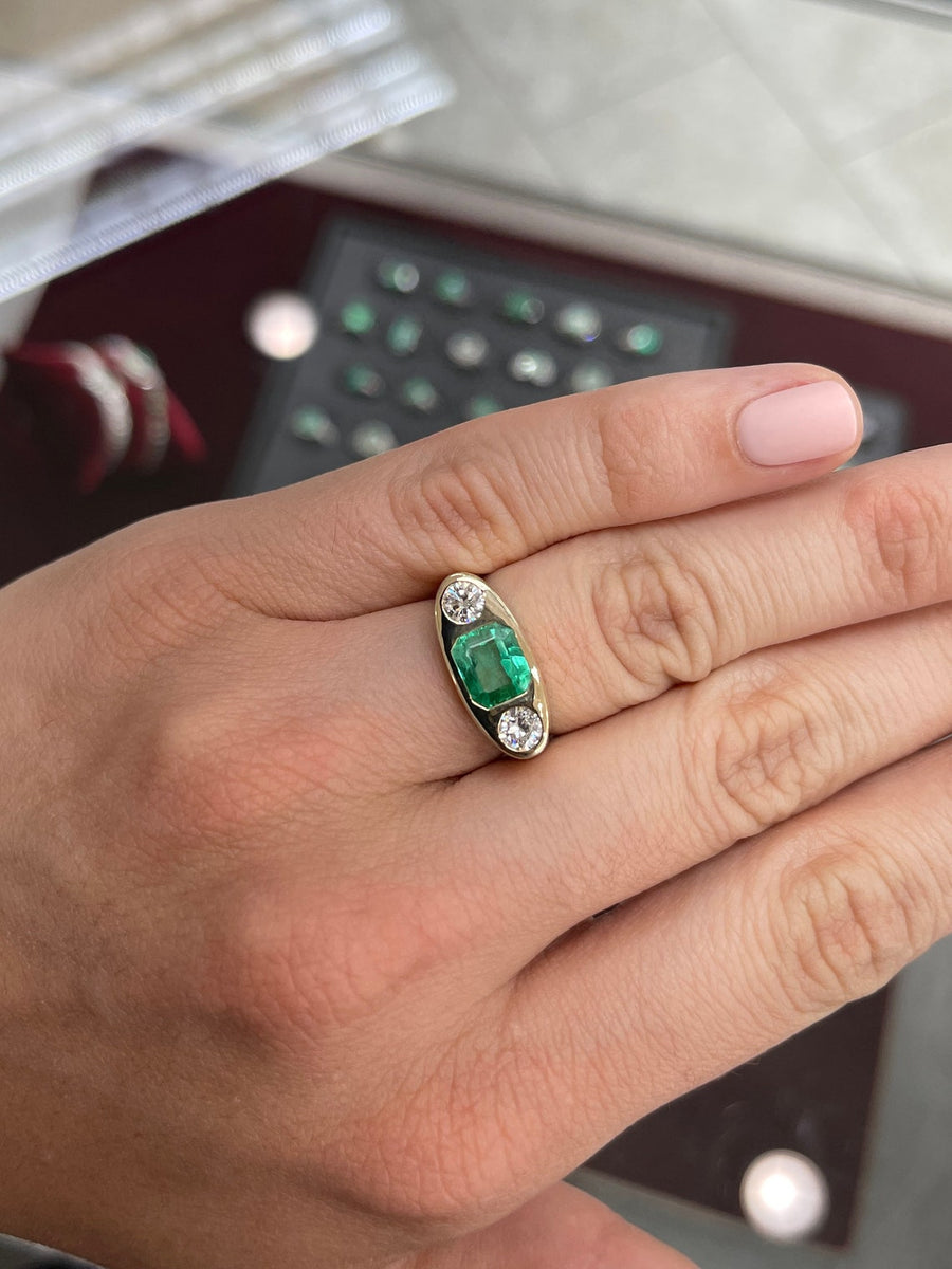 Emerald cut emerald and diamond signet unisex ring 14K