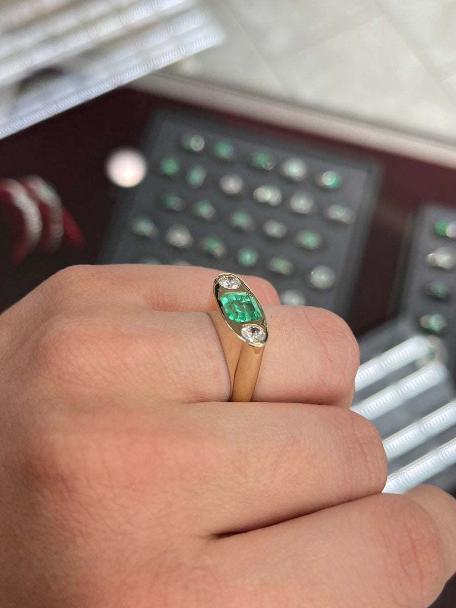 2.70tcw Emerald Cut Diamond Brilliant Round Three Stone Gypsy Signet Ring 14K