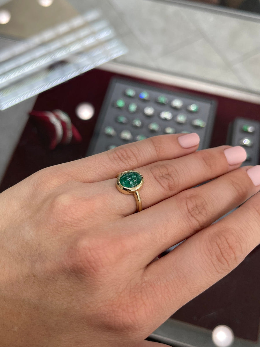 natural 3.82cts Oval Bezel Set Emerald Cabochon Solitaire Ring 14K gift
