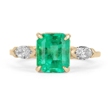 18K Three Stone Colombian Emerald & Diamond Victorianrved Ring Ca
