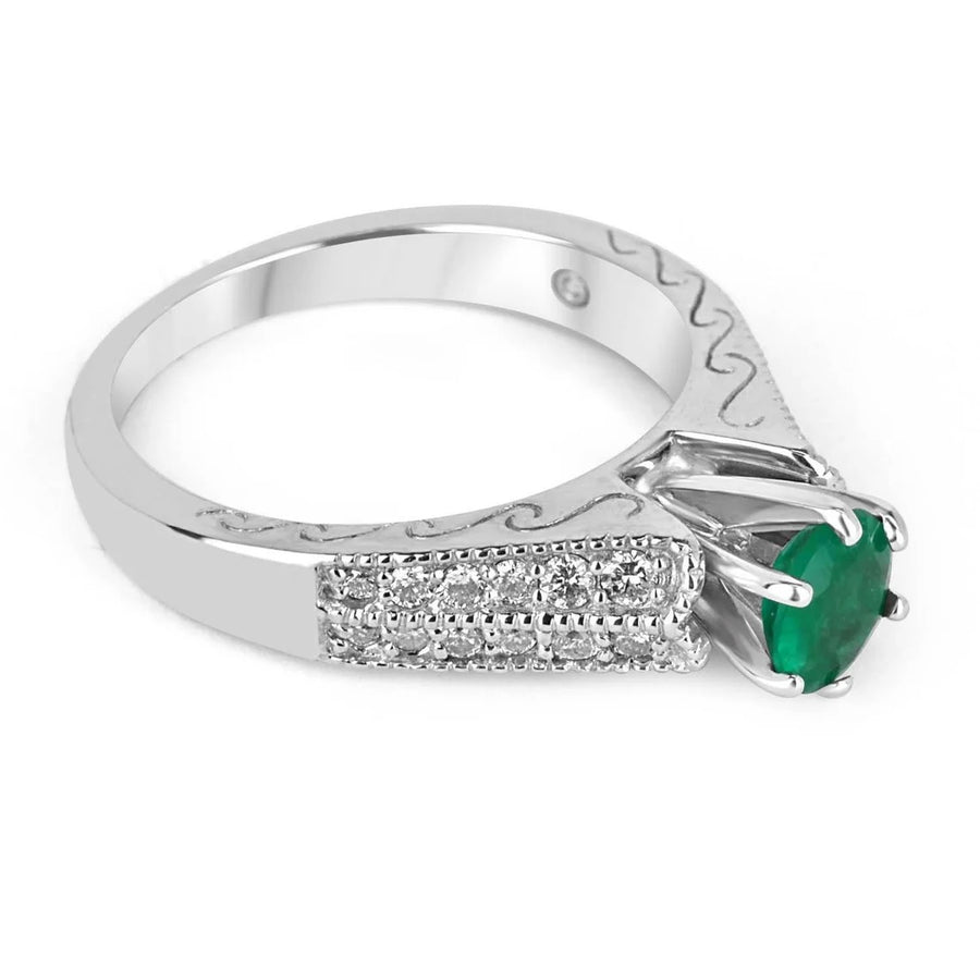 Colombian Emerald & Double Row Diamond Shank Engagement Ring