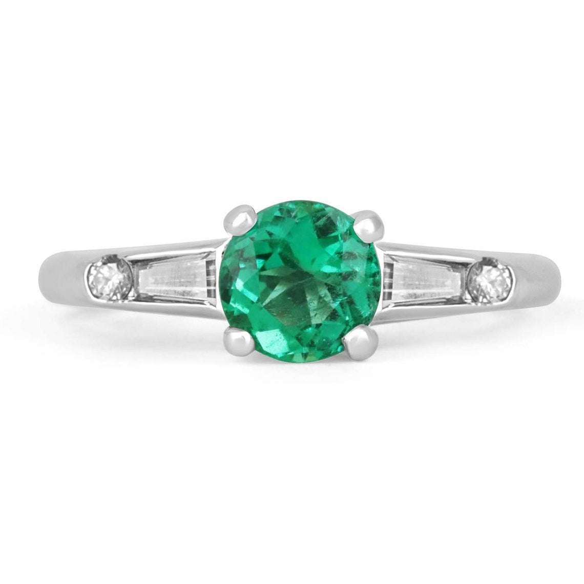 1.13tcw Round Emerald & Tapered Baguette Diamond Engagement Ring In Platinum - JR Colombian Emeralds