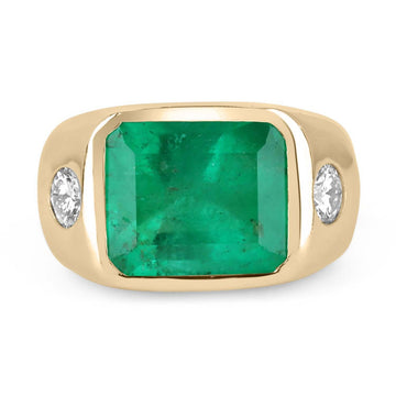7.96tcw The HULK Three Stone Emerald & Round Diamond Large Gypsy Signet bezel Ring 18K