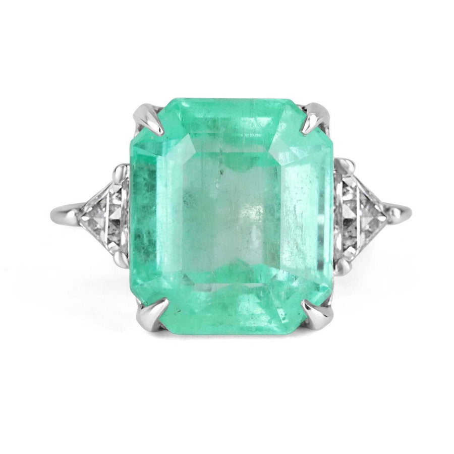 Large 9.41tcw 18K Traditional 3 Stone Emerald & Trillion Diamond Anniversary Ring