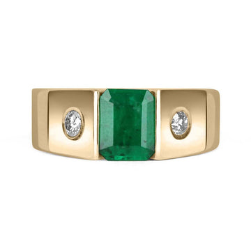 2.05tcw Men's Emerald & Diamond Three Stone Solitaire Ring 14K