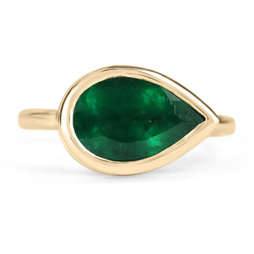 2.18cts Dark Forest Green Bezel East to West Set Emerald Pear Solitaire Ring 14K