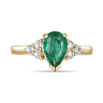 Pearl of Elegance: 1.25tcw Natural Pear Emerald & Diamond Cluster 7 Stone Engagement Ring in 14K Gold