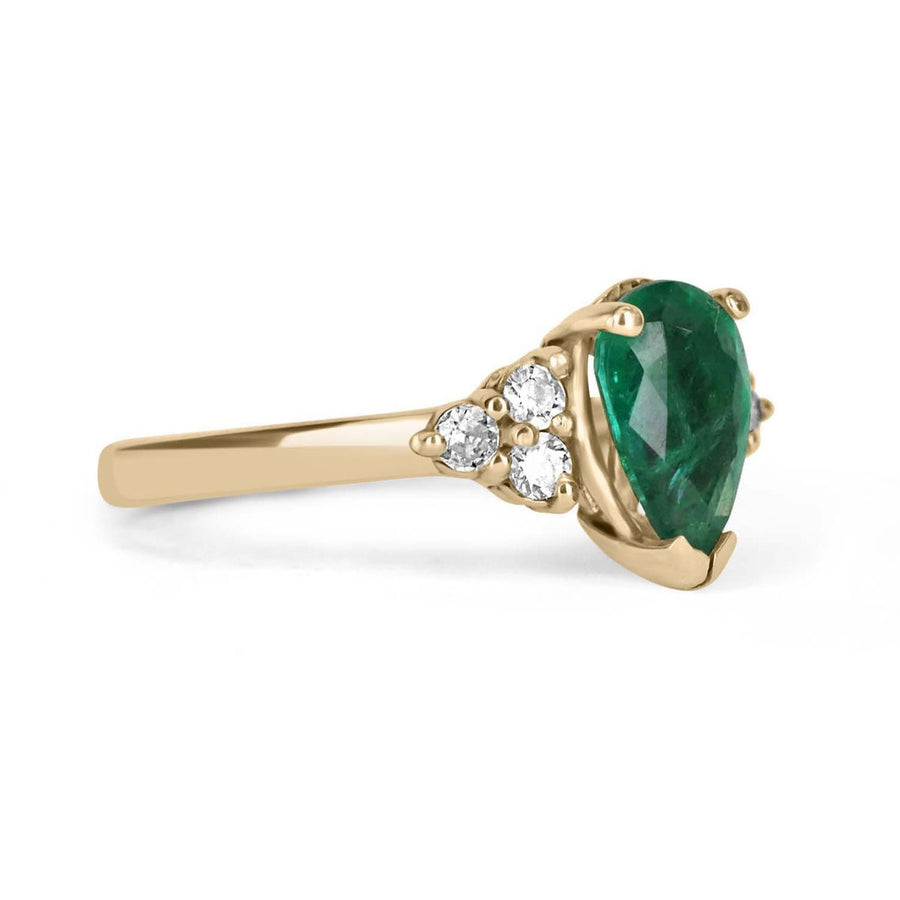 1.25 carat 14K gold dark green Pear Emerald & Diamond Cluster Ring