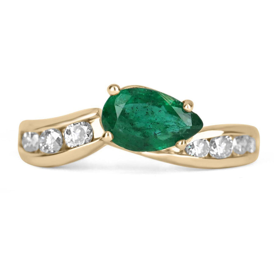 1.0tcw 14K Side Ways Dark Green Pear Emerald & Diamond Accent Ring