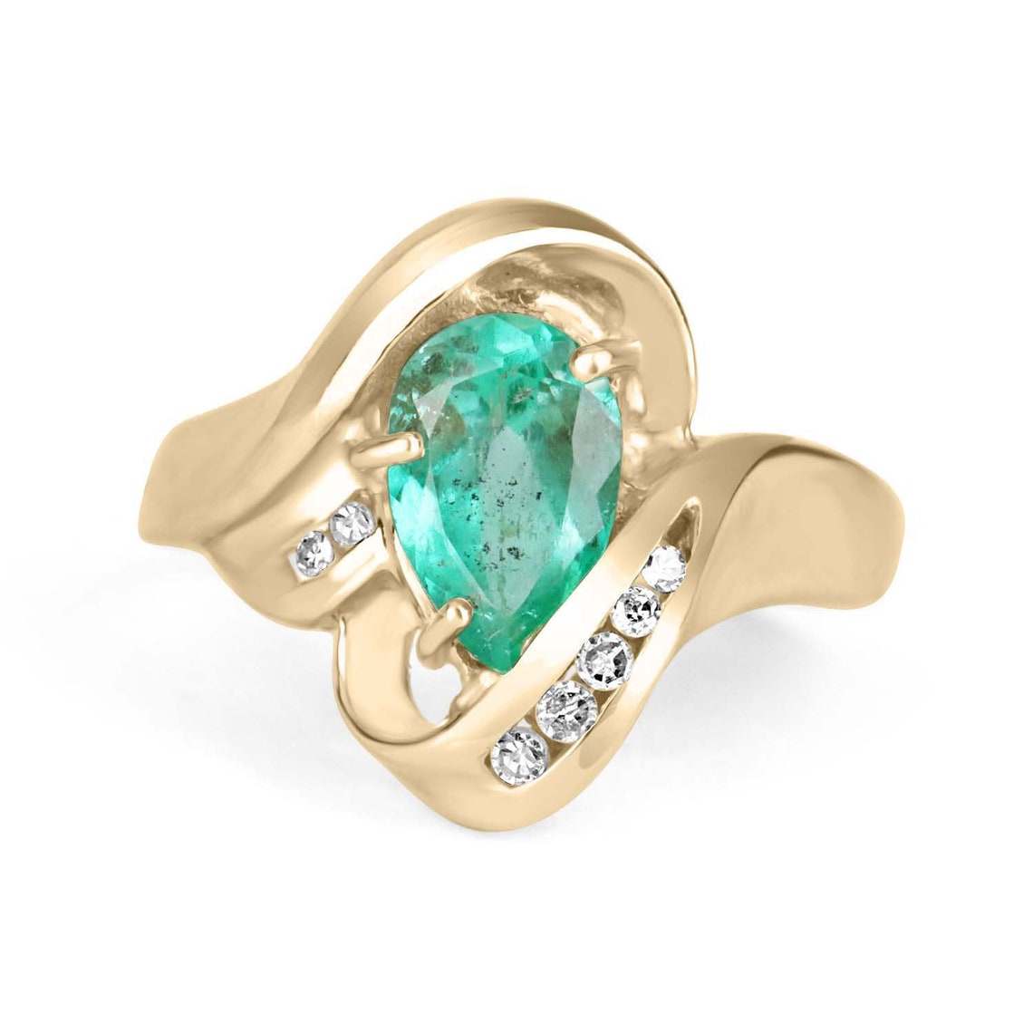 2.02tcw Teardrop Colombian Emerald & Channel Diamond Ring Right Hand Ring 14k