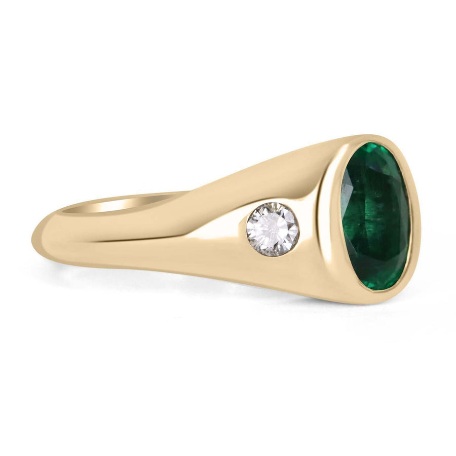 Three Stone Natural Top vivid green oval Emerald & Diamond Men's Ring 14K
