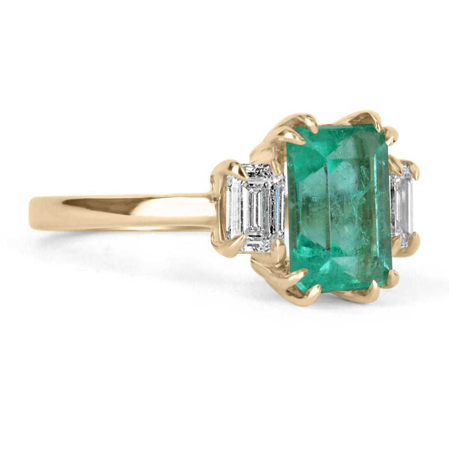 .98tcw Emerald Three Stone Cut Diamond Emerald Ring 14K