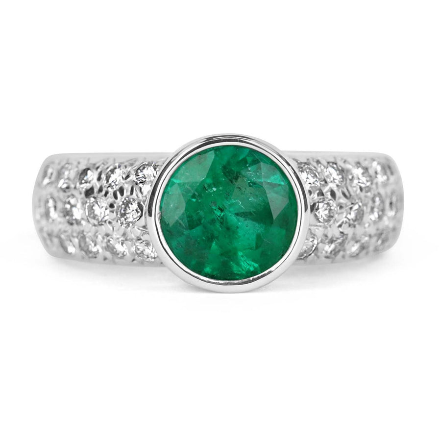 1.82tcw Round Bezel Set Emerald Brilliant Round Pave Set Shank 18K wedding ring