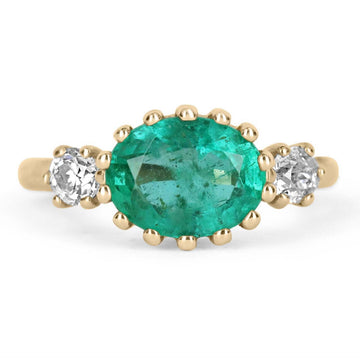 2.60tcw 14K Vintage Three Stone Oval Emerald & Diamond Ring