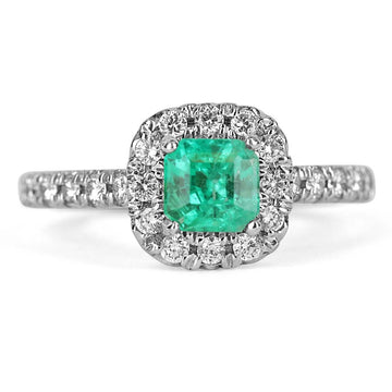 1.71tcw Square Emerald & Round Diamond Pave Halo Engagement Ring 14K