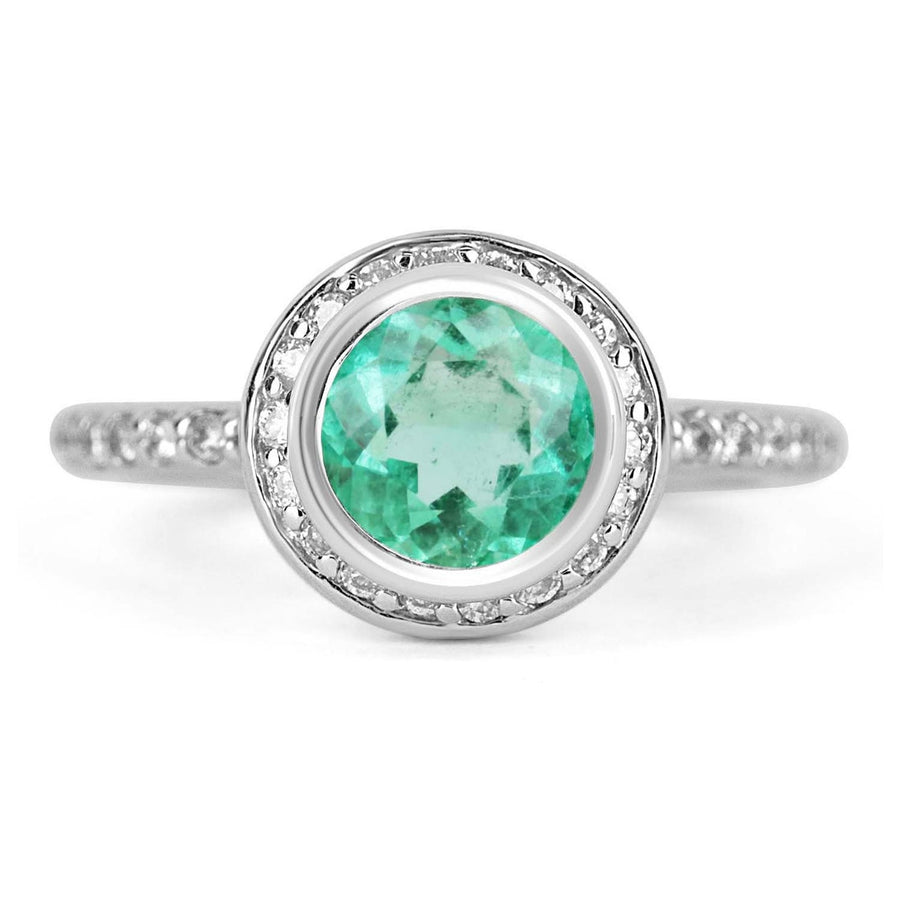 Timeless Elegance: 1.60tcw Bezel Set Round Emerald & Diamond Halo Ring in 14K Gold