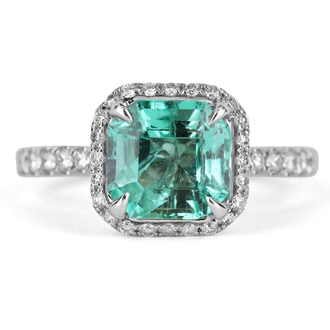 2.75tcw 18K Asscher Cut Colombian Emerald and Diamond Halo White Gold Ring Close-Up