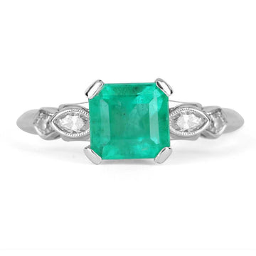 1.47tcw Asscher Rich Green Emerald & Marquise Diamond Accent Ring Platinum and 18K