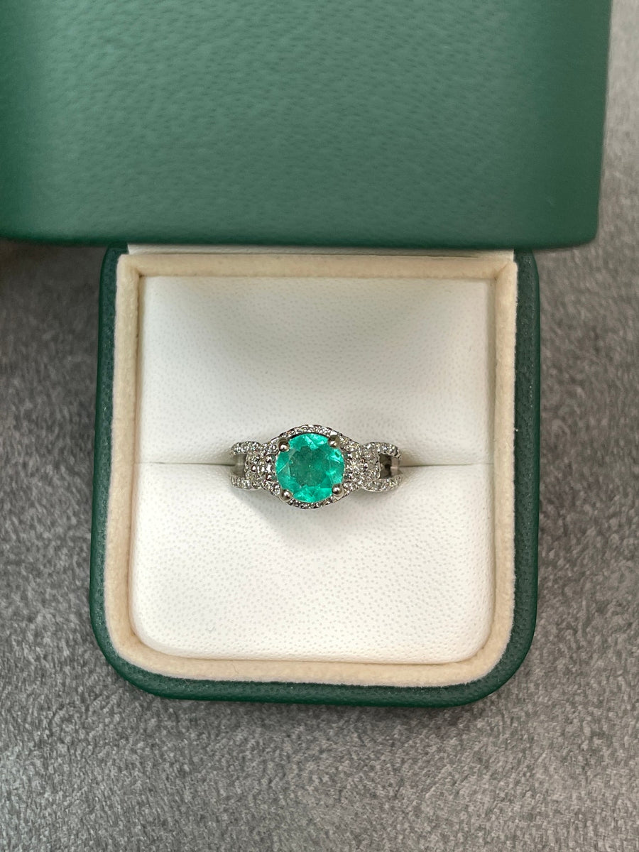  14K Colombian Emerald & Diamond Halo Engagement Round Cut Semi-Transparent Birthstone Ring