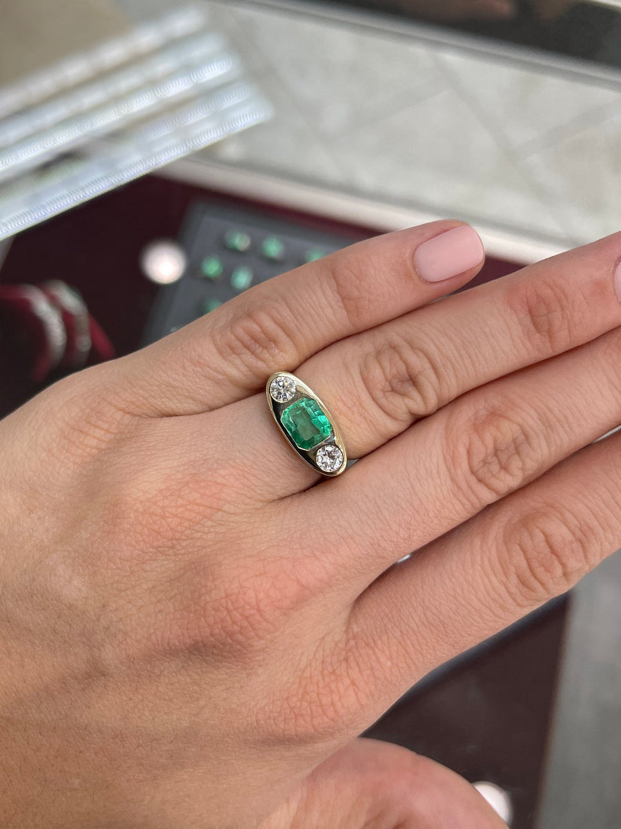 2.70tcw Emerald Cut Diamond Brilliant Round Three Stone Gypsy Signet Ring 14K