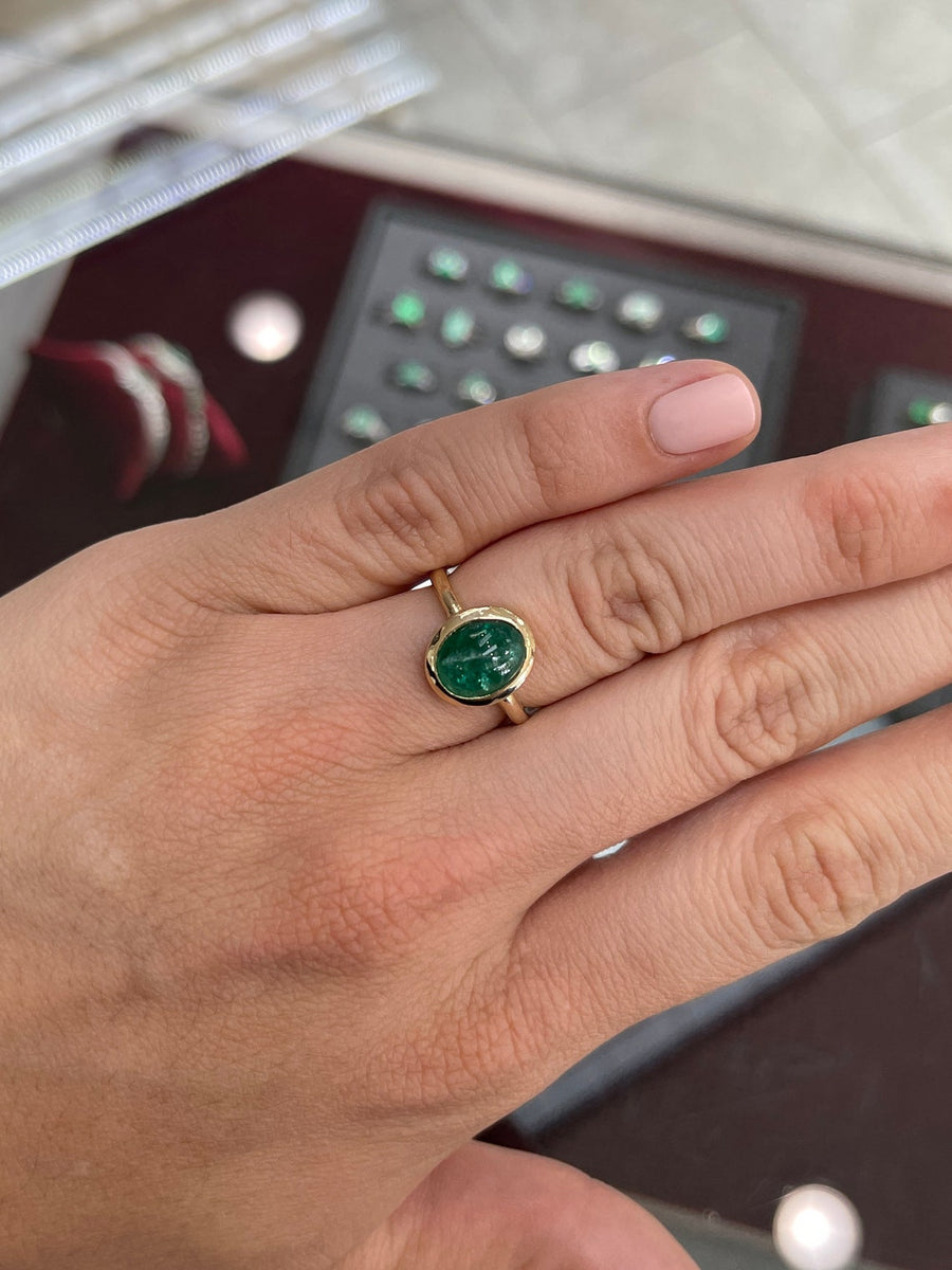 3.82cts Oval Bezel Set Emerald Cabochon Solitaire Ring 14K on hand