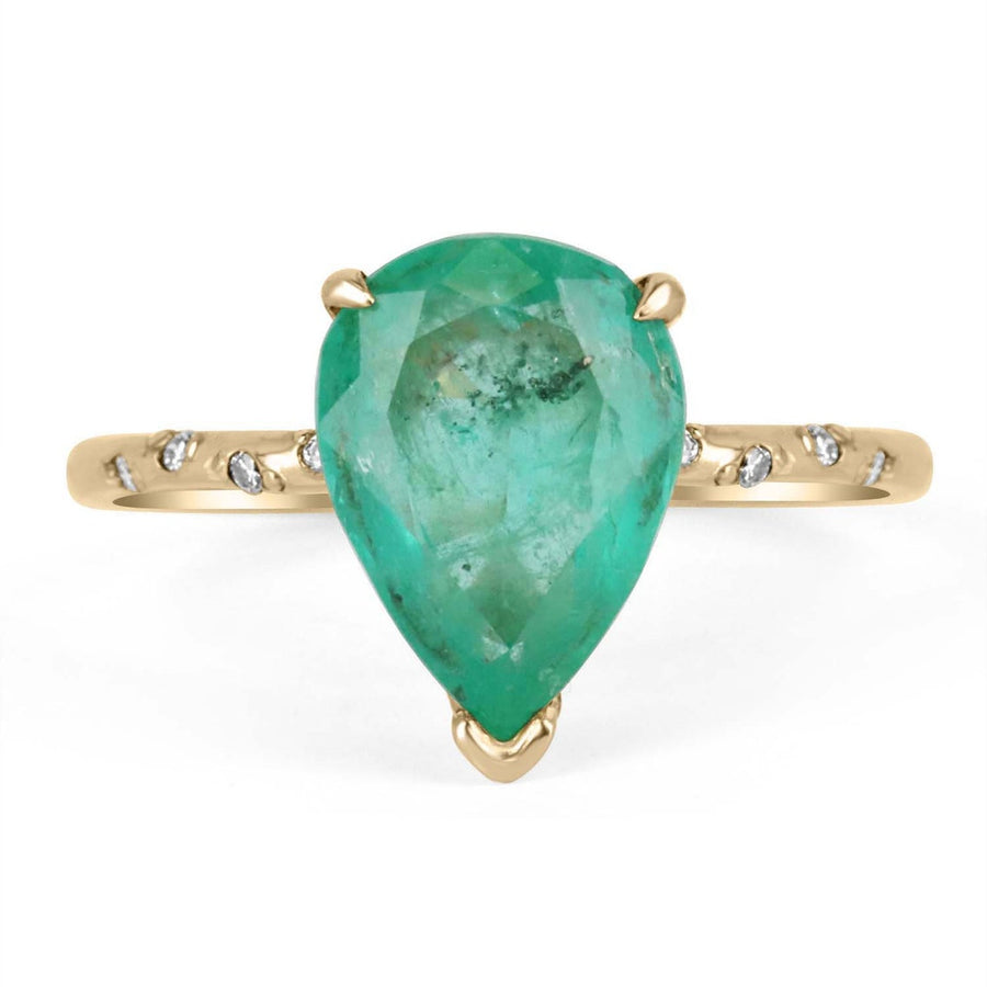 Exquisite Sparkle: 2.24tcw 14K Pear Emerald & Sprinkled Diamond Accent Ring