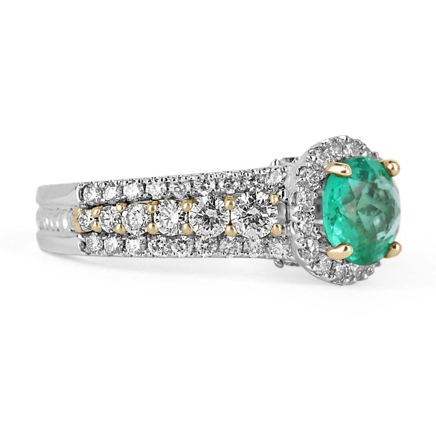 Two Toned Round Emerald & Diamond Halo Engagement Ring 14K