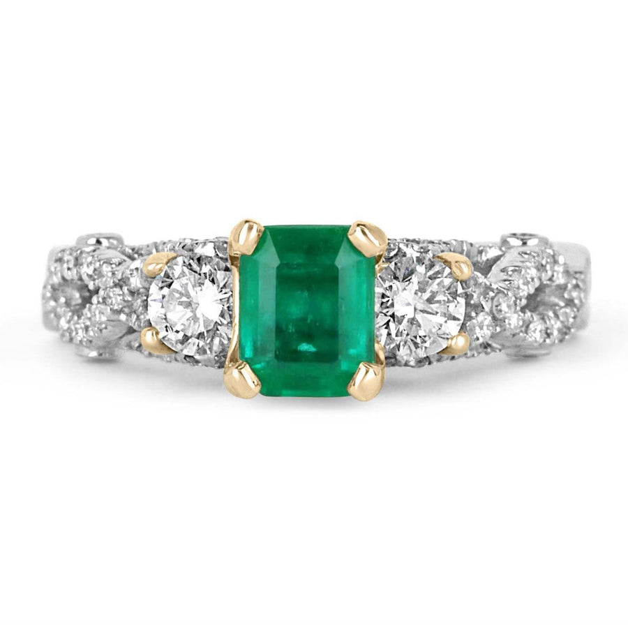 Platinum Three Octagonal Emerald and Diamond Cluster Ring